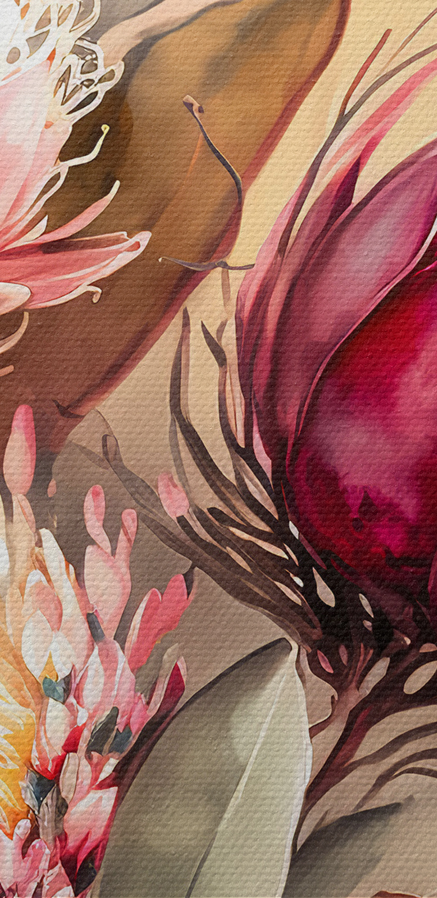 Een schilderij van bloemen en bladeren Een schilderij van bloemen en bladeren