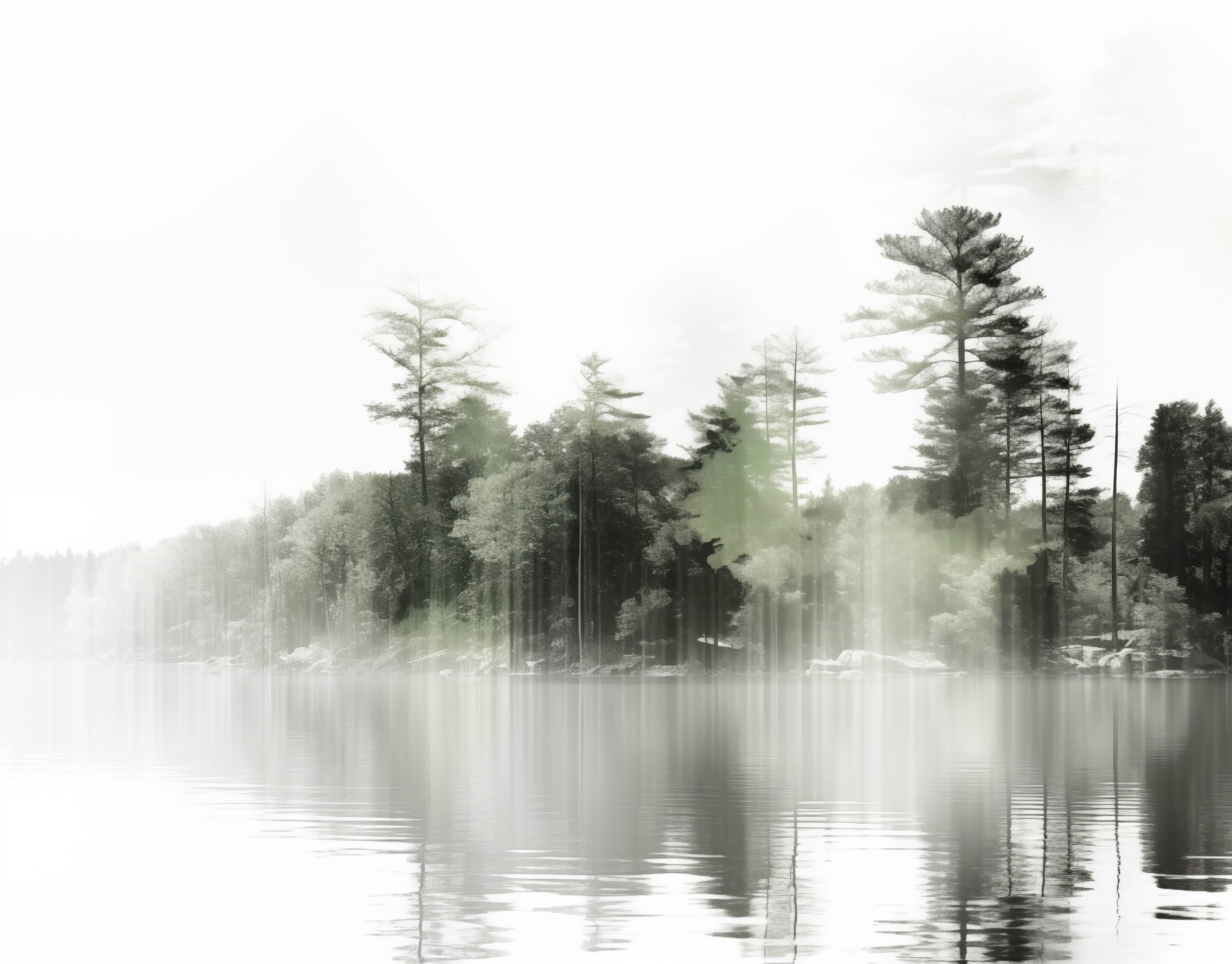 Body of water with trees and fog