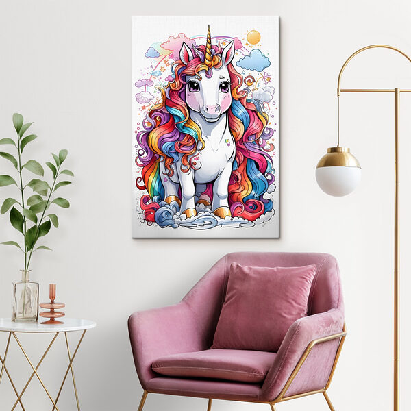 Een cartoon eenhoorn met regenboog haar Een cartoon eenhoorn met regenboog haar