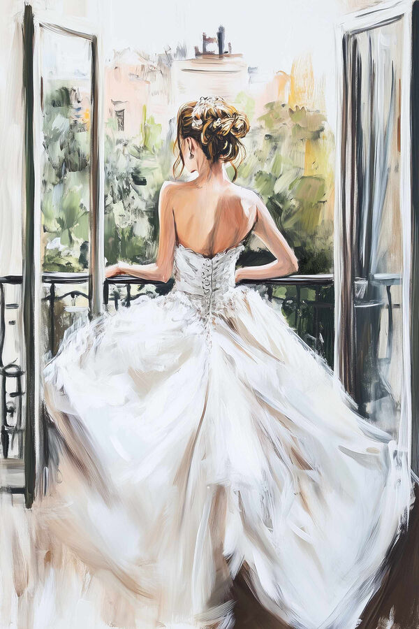 Schilderij van een vrouw in een witte jurk Schilderij van een vrouw in een witte jurk
