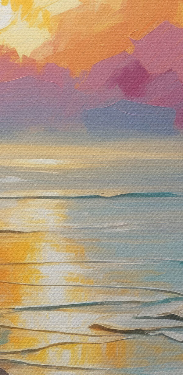 Een schilderij van een strand met palmbomen en een zonsondergang Een schilderij van een strand met palmbomen en een zonsondergang