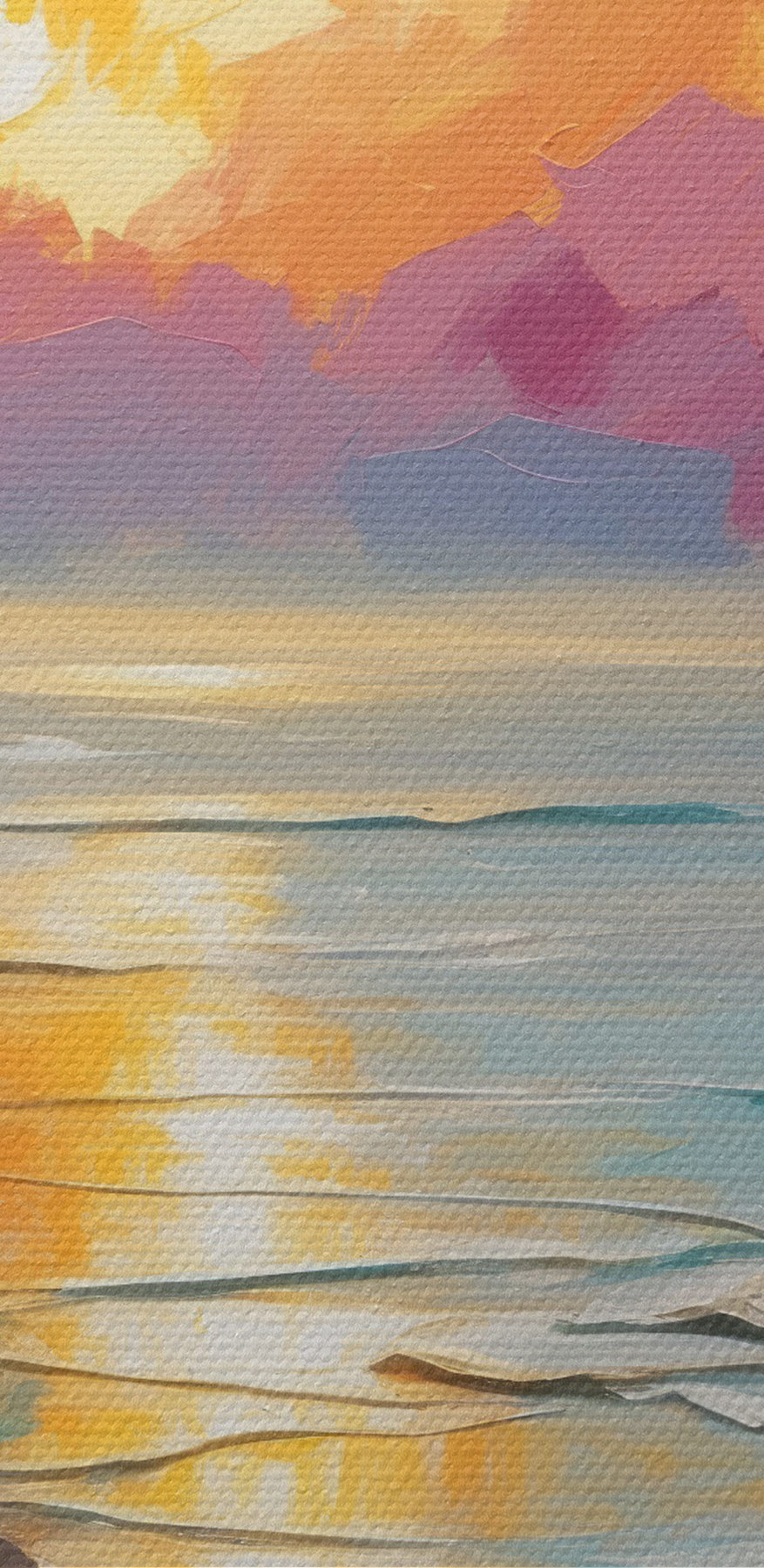 Een schilderij van een strand met palmbomen en een zonsondergang