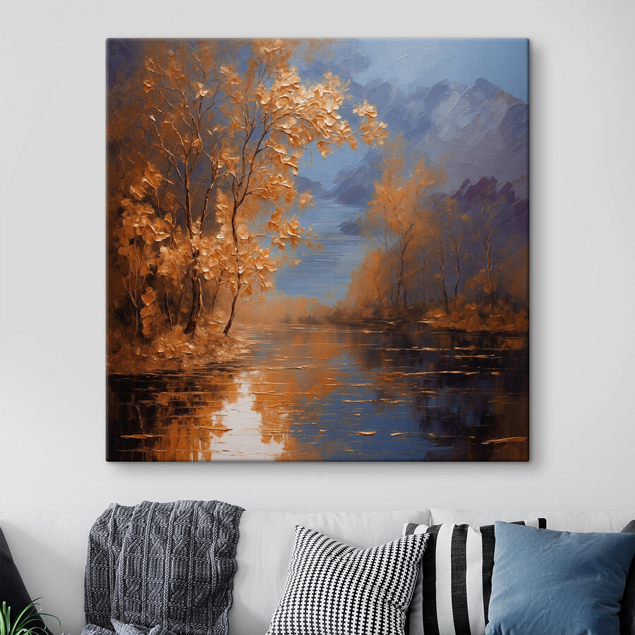 Een schilderij van bomen en water
