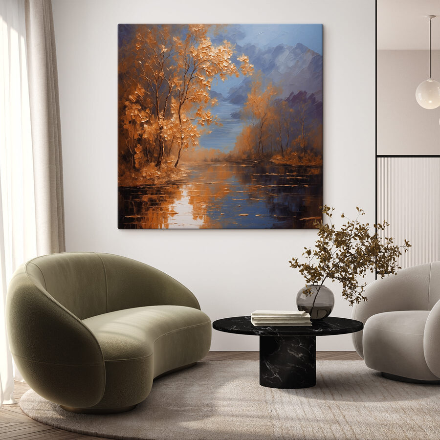 Een schilderij van bomen en water