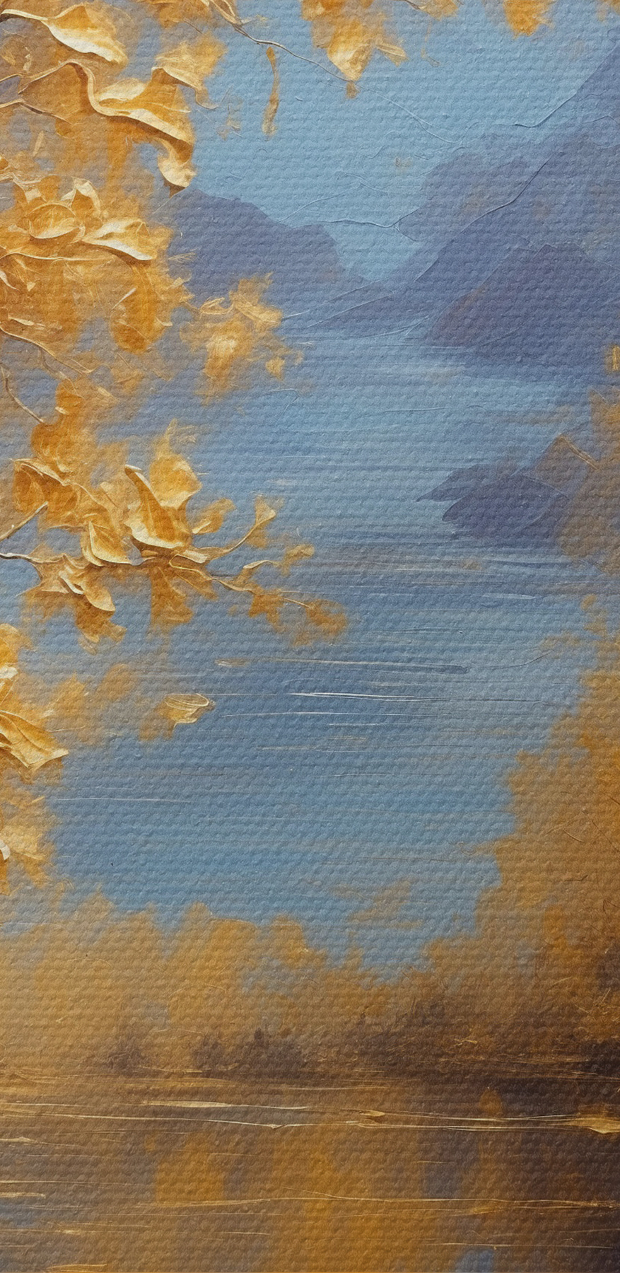 Een schilderij van bomen en water