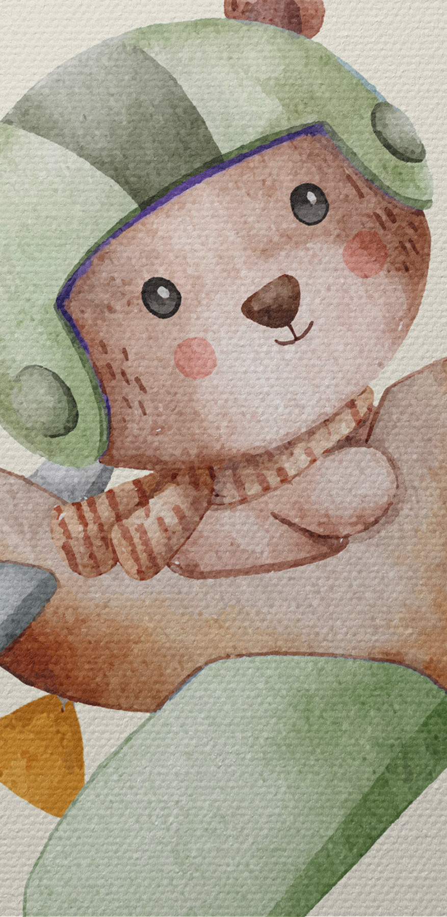 Een aquarelschilderij van een teddybeer in een vliegtuig