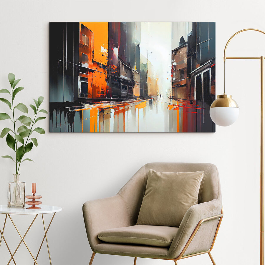 Een schilderij van een straat met gebouwen