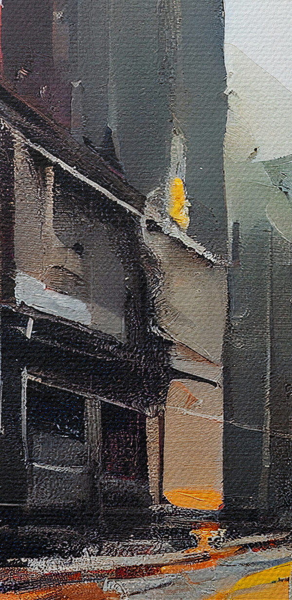 Een schilderij van een straat met gebouwen Een schilderij van een straat met gebouwen