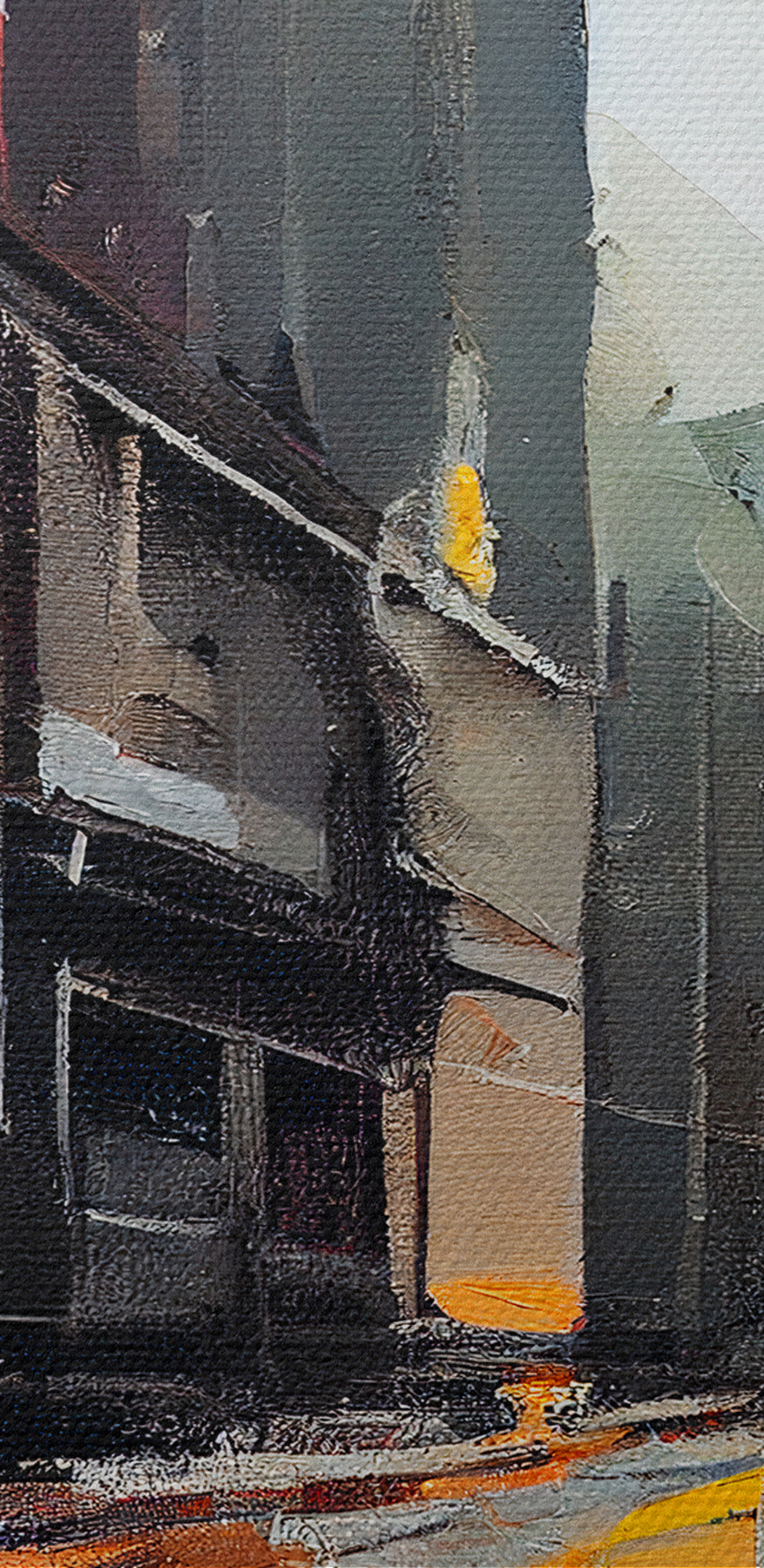 Een schilderij van een straat met gebouwen
