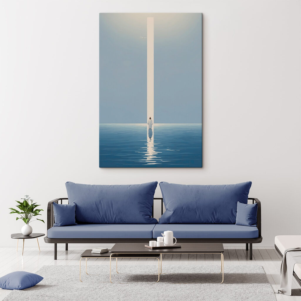 A person standing in water with a light beam A person standing in water with a light beam