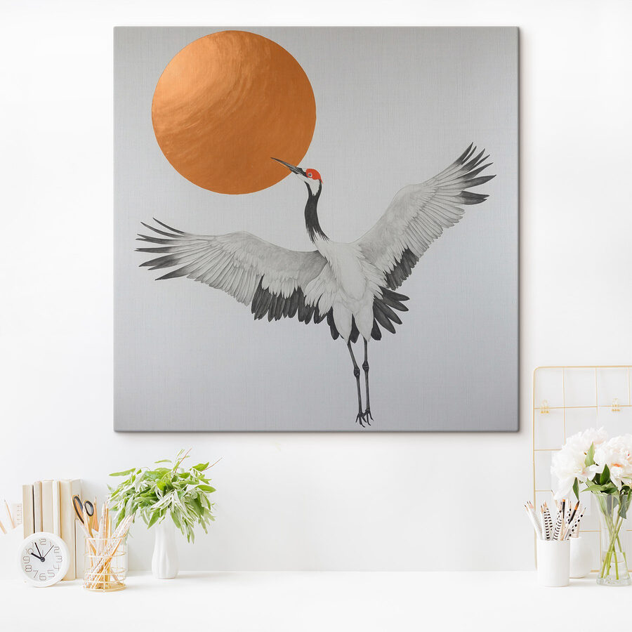Kraanvogel danst onder stralende zon.