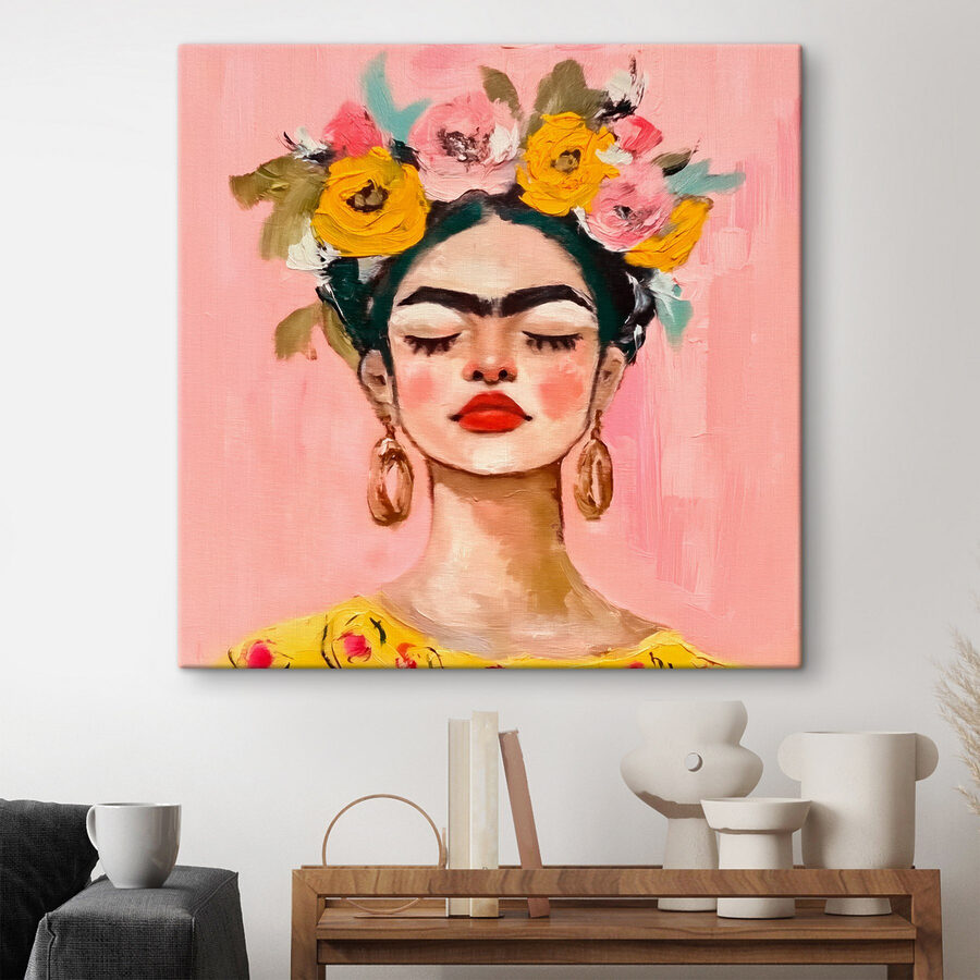 Een schilderij van een vrouw met bloemen in haar haar Een schilderij van een vrouw met bloemen in haar haar