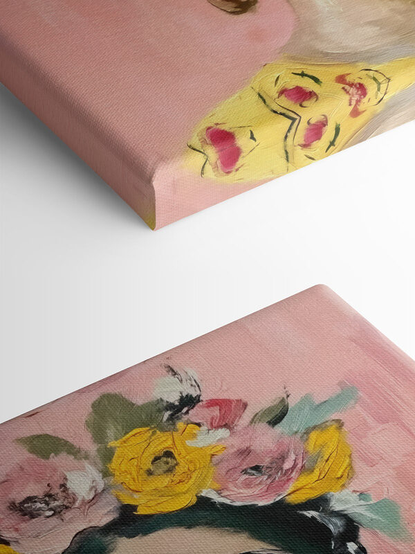 Een schilderij van een vrouw met bloemen in haar haar Een schilderij van een vrouw met bloemen in haar haar