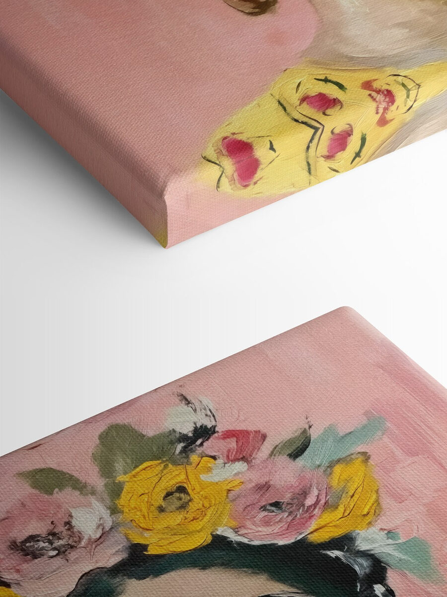 Een schilderij van een vrouw met bloemen in haar haar Een schilderij van een vrouw met bloemen in haar haar