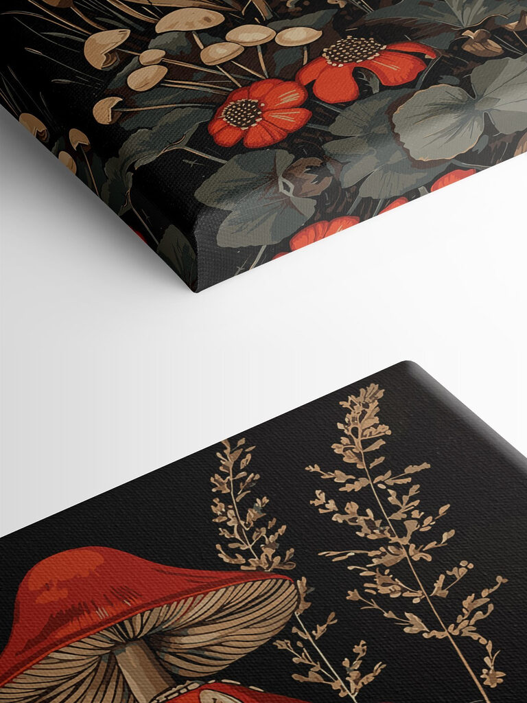 A painting of mushrooms and plants