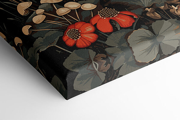 Een schilderij van paddenstoelen en planten Een schilderij van paddenstoelen en planten