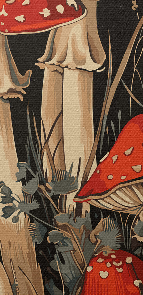 A painting of mushrooms and plants