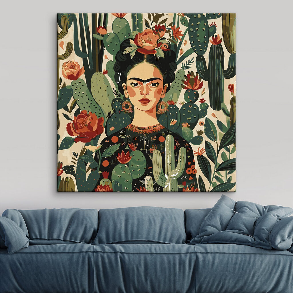 A painting of a woman with cactuses A painting of a woman with cactuses
