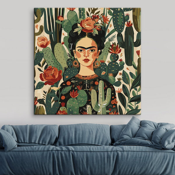 Een schilderij van een vrouw met cactussen Een schilderij van een vrouw met cactussen