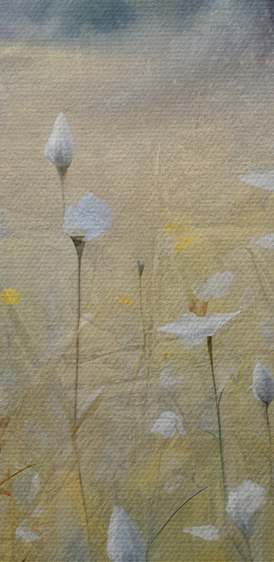 Een schilderij van bloemen in een veld