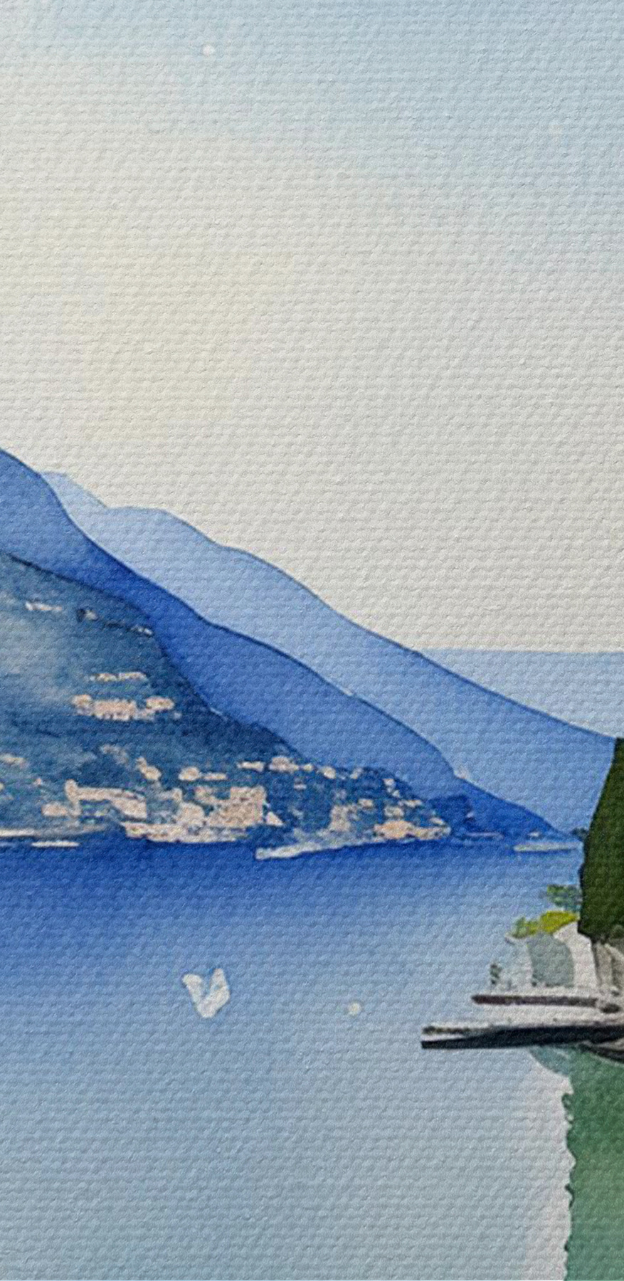 Aquarel van een stad en een watermassa