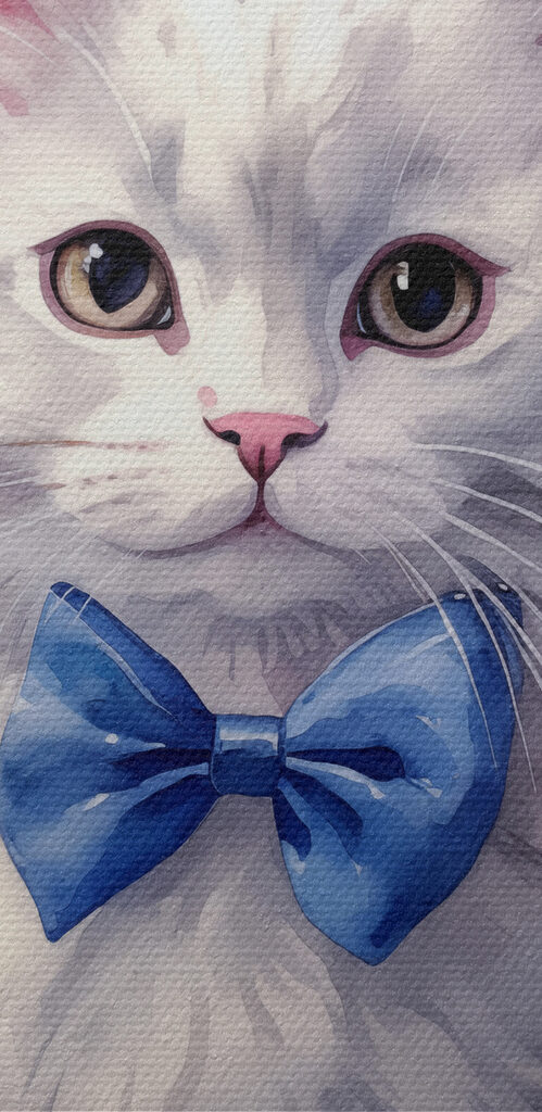 A watercolor of a cat wearing a bow tie