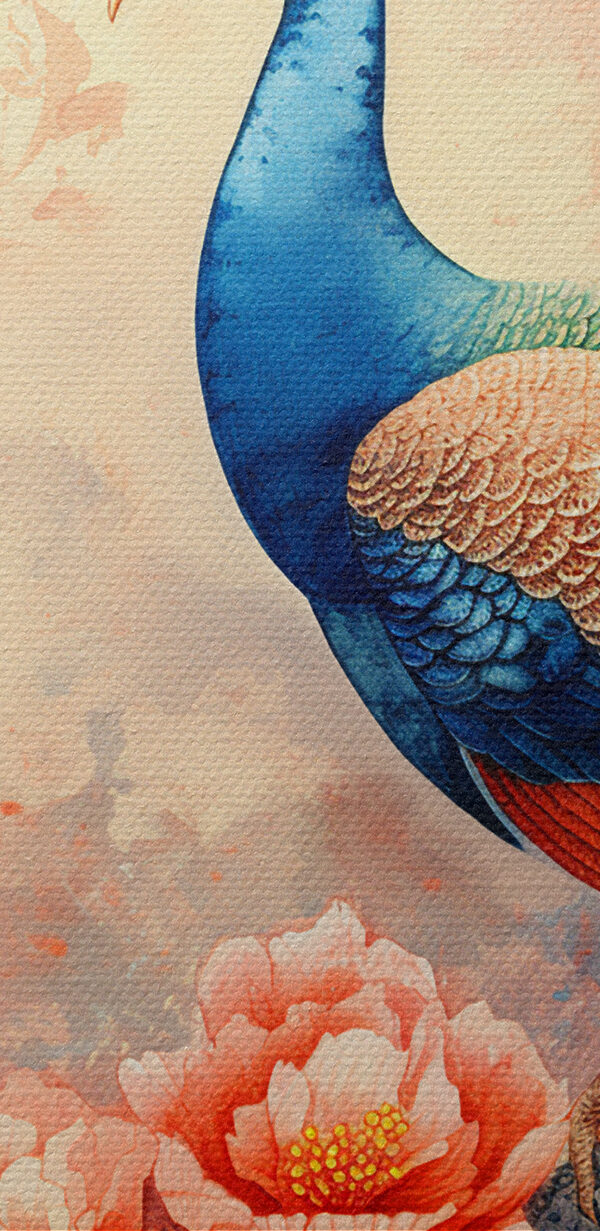 Een schilderij van een pauw op een tak met bloemen Een schilderij van een pauw op een tak met bloemen