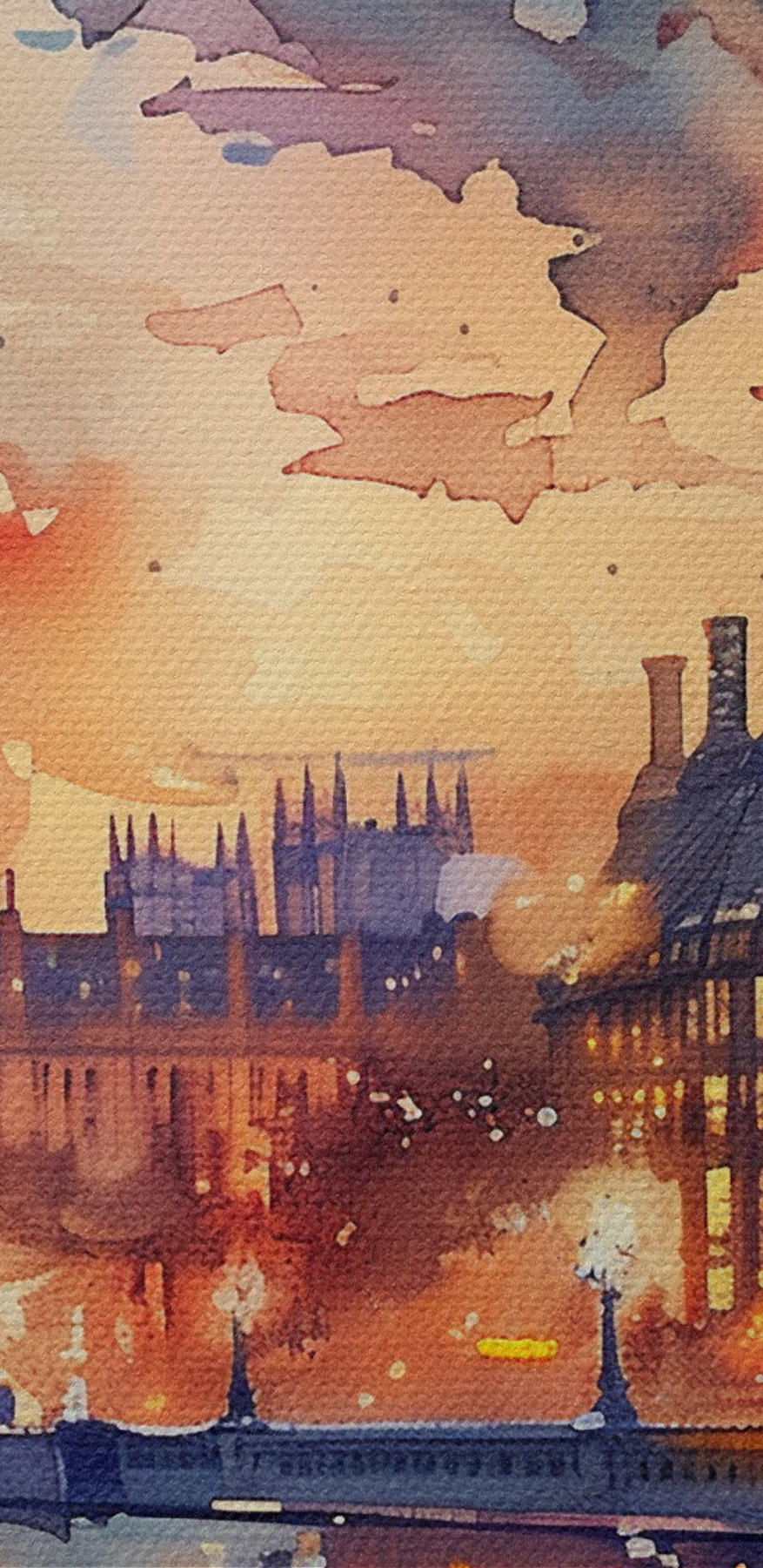 Een aquarelschilderij van een stad met een klokkentoren en een rivier