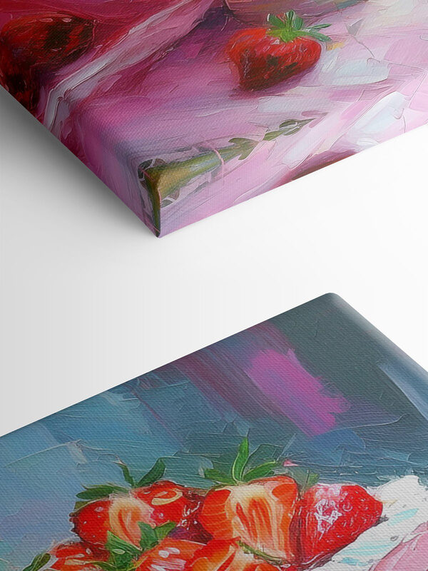 Een schilderij van een taart met aardbeien erop Een schilderij van een taart met aardbeien erop