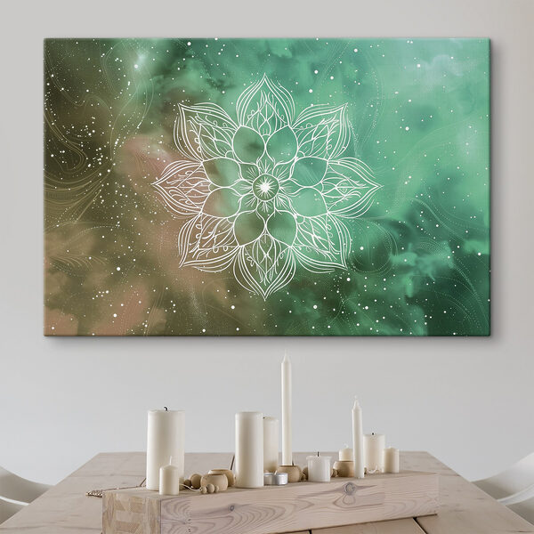 Een witte mandala op een groene en blauwe achtergrond Een witte mandala op een groene en blauwe achtergrond