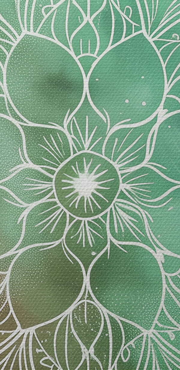 Een witte mandala op een groene en blauwe achtergrond Een witte mandala op een groene en blauwe achtergrond