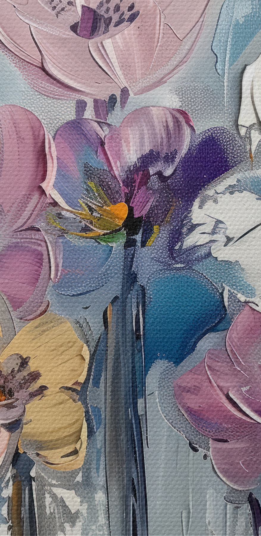 Een schilderij van bloemen op een witte achtergrond