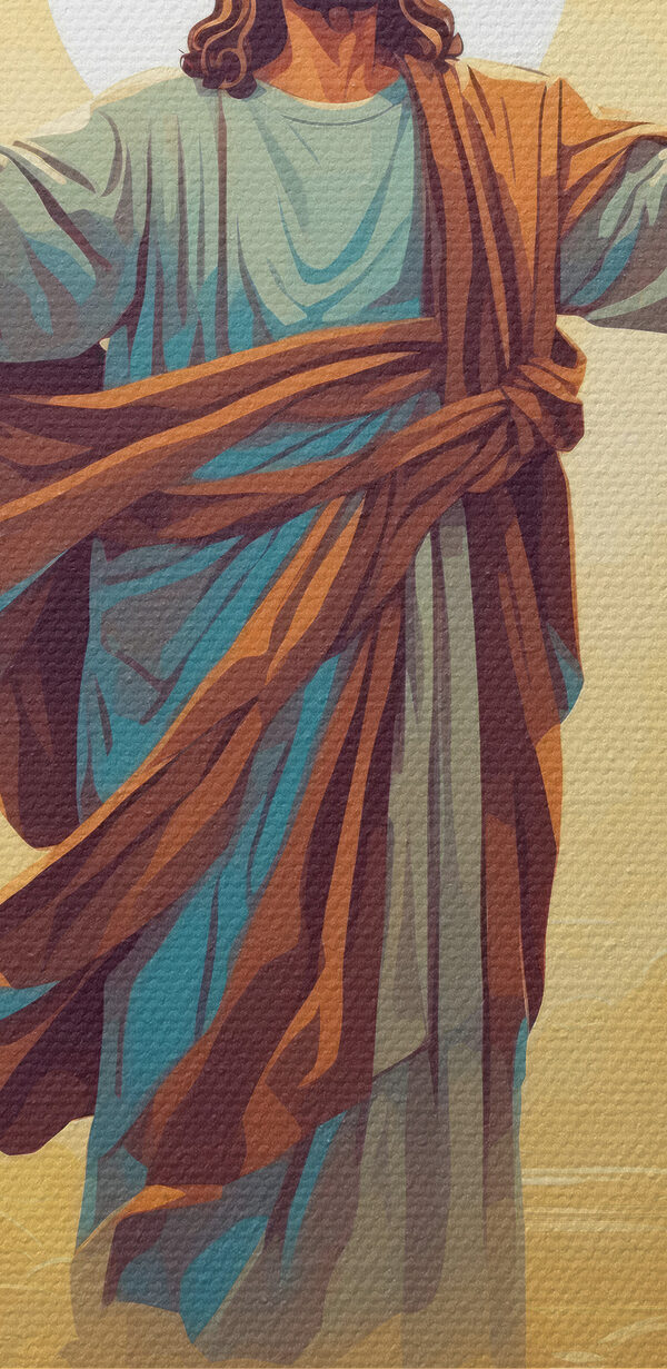 Een schilderij van een man in een gewaad met zijn armen in de lucht Een schilderij van een man in een gewaad met zijn armen in de lucht