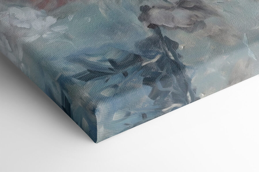 Een schilderij van bloemen op een blauwe achtergrond