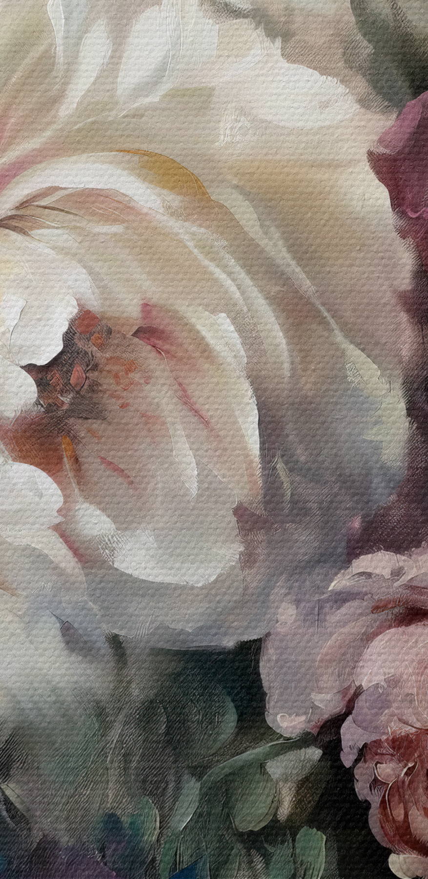 Een schilderij van bloemen op een blauwe achtergrond