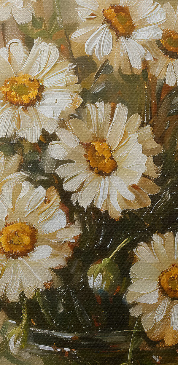 Een schilderij van een vaas met bloemen Een schilderij van een vaas met bloemen