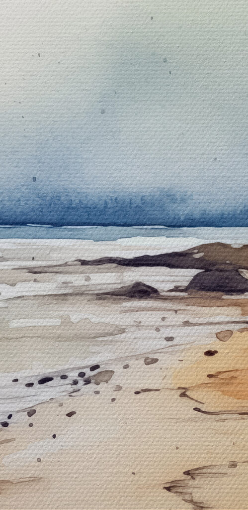 Watercolor of a beach with rocks and water Watercolor of a beach with rocks and water