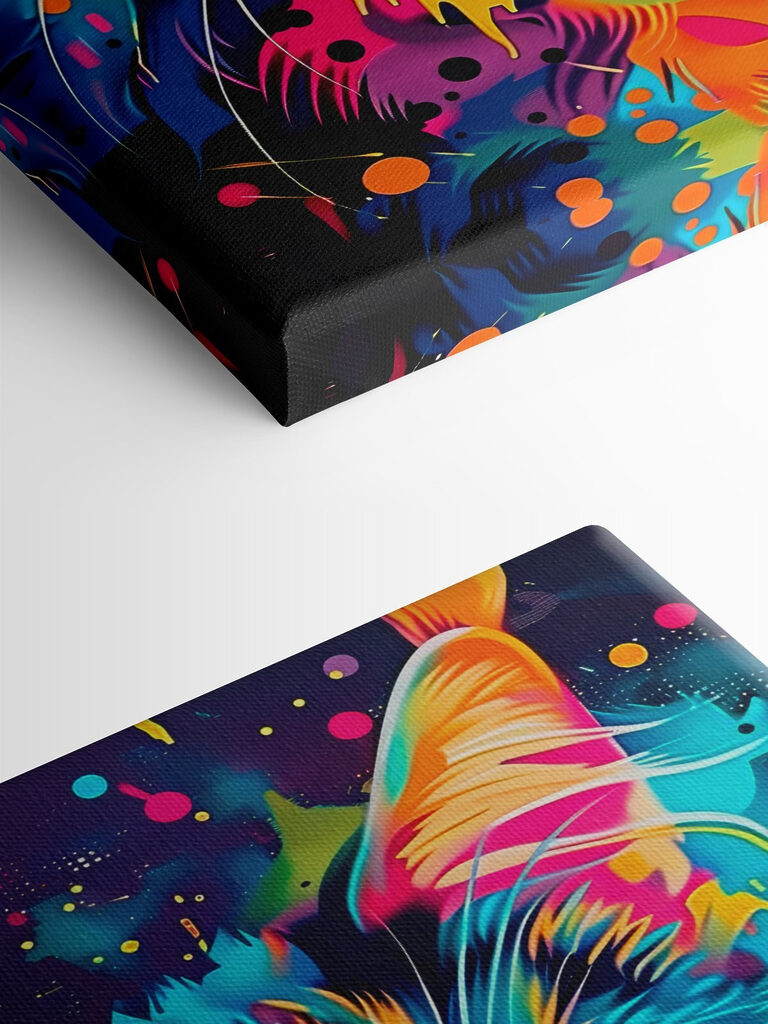 A colorful cat with blue eyes