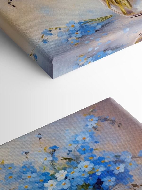 Een schilderij van blauwe bloemen in een vaas Een schilderij van blauwe bloemen in een vaas