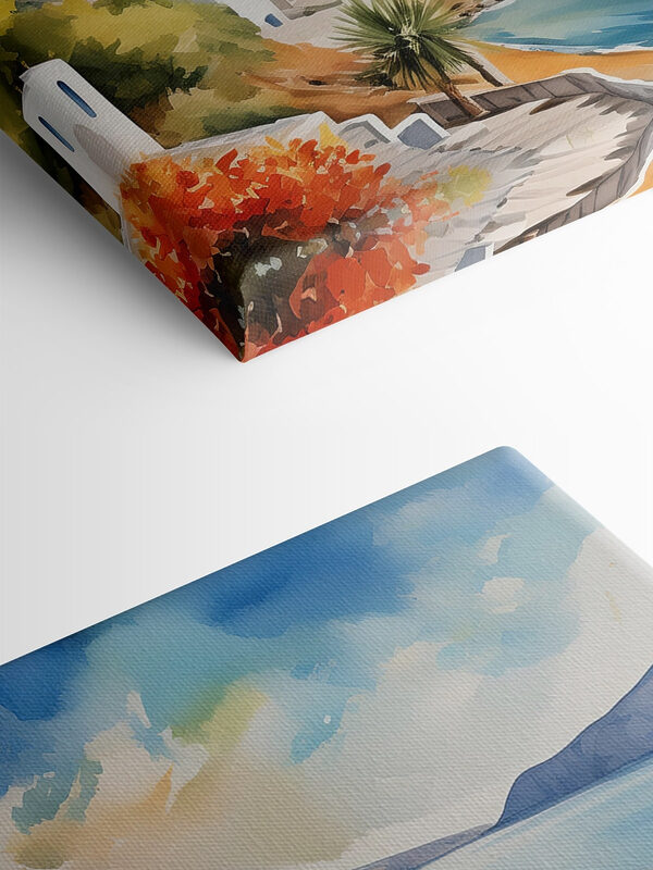 Een aquarelschilderij van een stad op een klif Een aquarelschilderij van een stad op een klif
