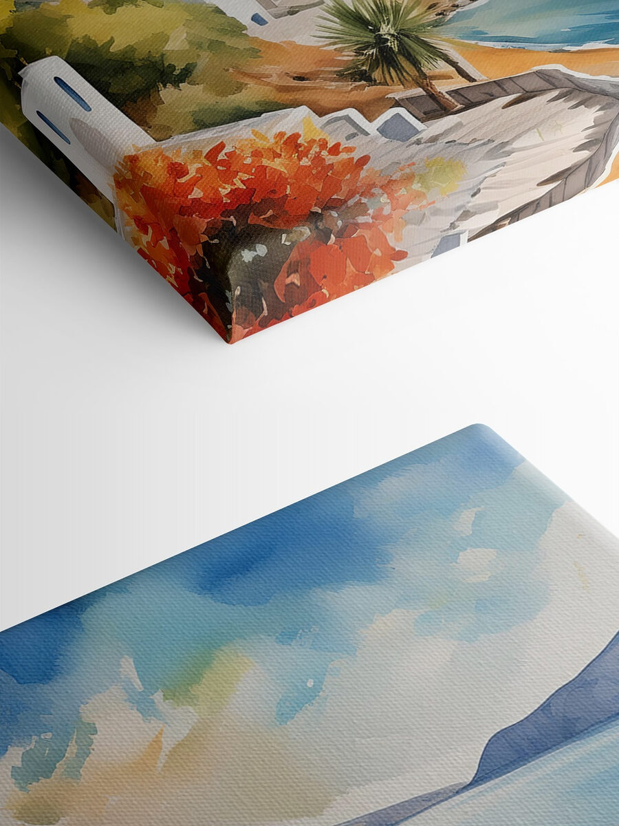 Een aquarelschilderij van een stad op een klif