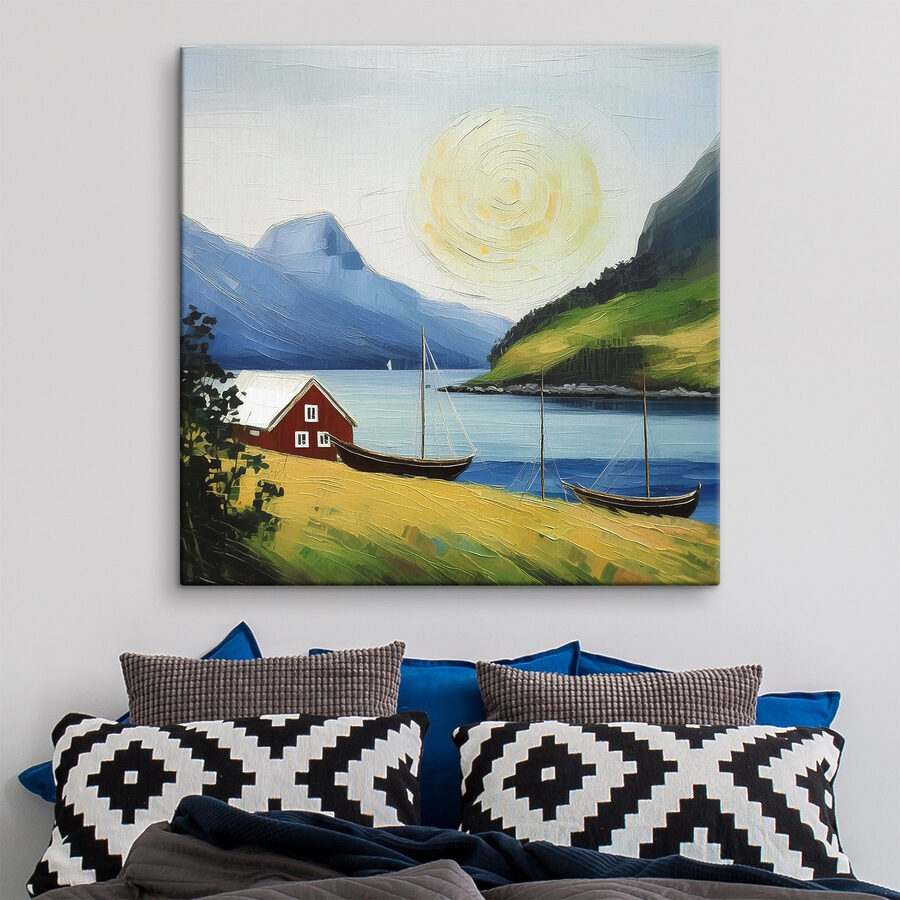 Een schilderij van een huis en boten op een meer