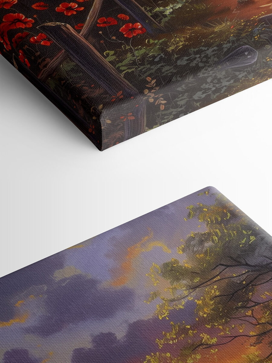 Een schilderij van een pad naar een waterlichaam met bloemen