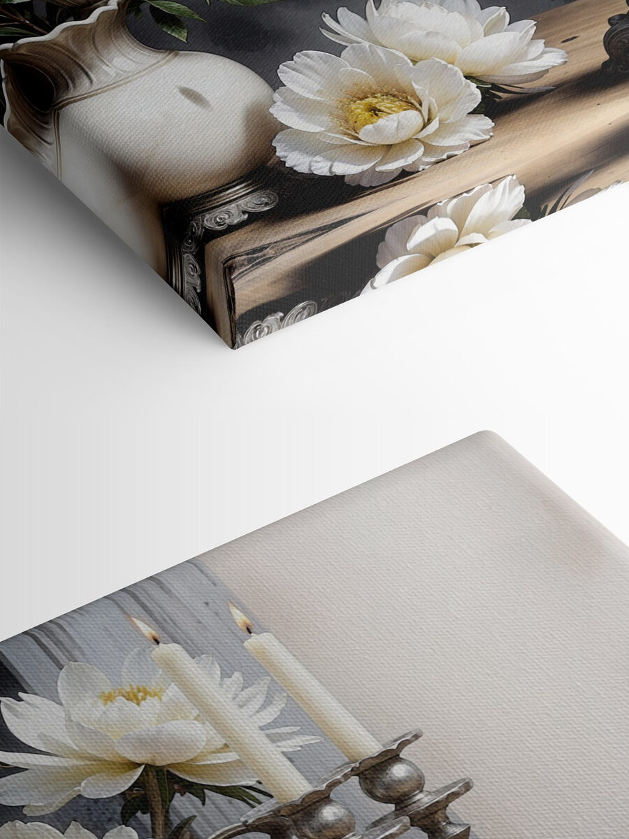 Een zilveren kandelaar met witte bloemen Een zilveren kandelaar met witte bloemen