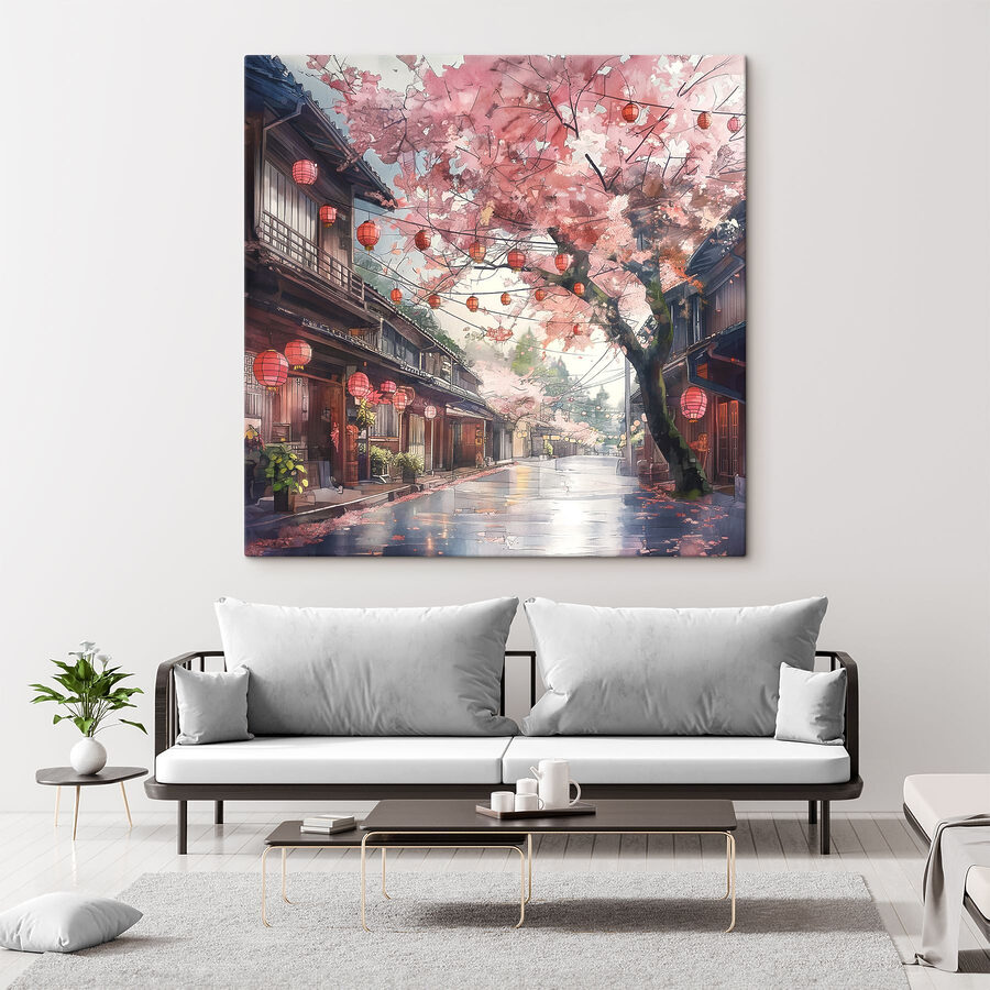 Straat met roze lantaarns en bomen