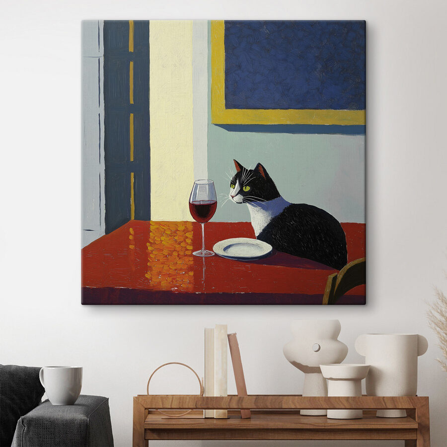 Kat zittend aan een tafel met een bord en een plaat Kat zittend aan een tafel met een bord en een plaat