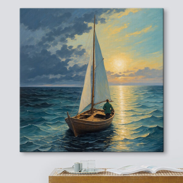 Schilderij van een man in een boot in de oceaan Schilderij van een man in een boot in de oceaan
