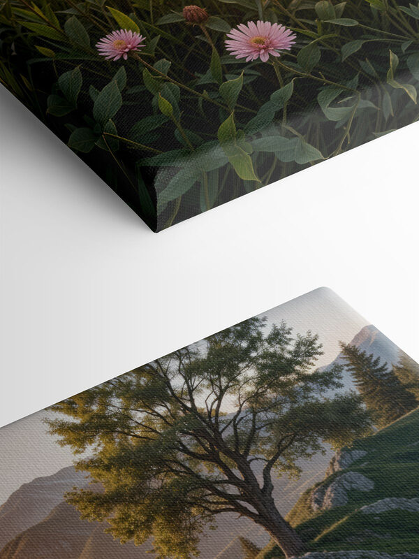 Field of pink flowers with a tree and mountains in the background