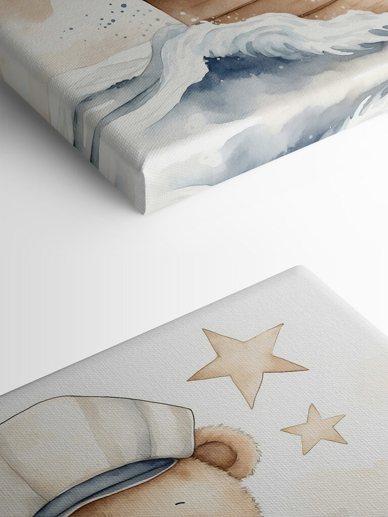 Watercolor of a teddy bear in a boat