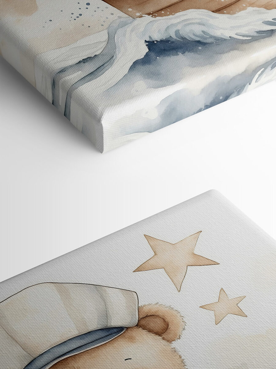 Aquarel van een teddybeer in een boot